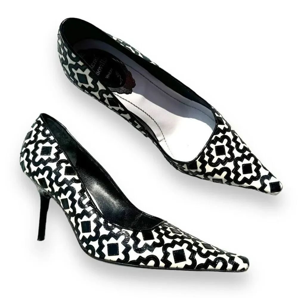 Rene Caovilla Black White Pattern Patent Leather Pointed Toe Heels Women’s Sz 36
